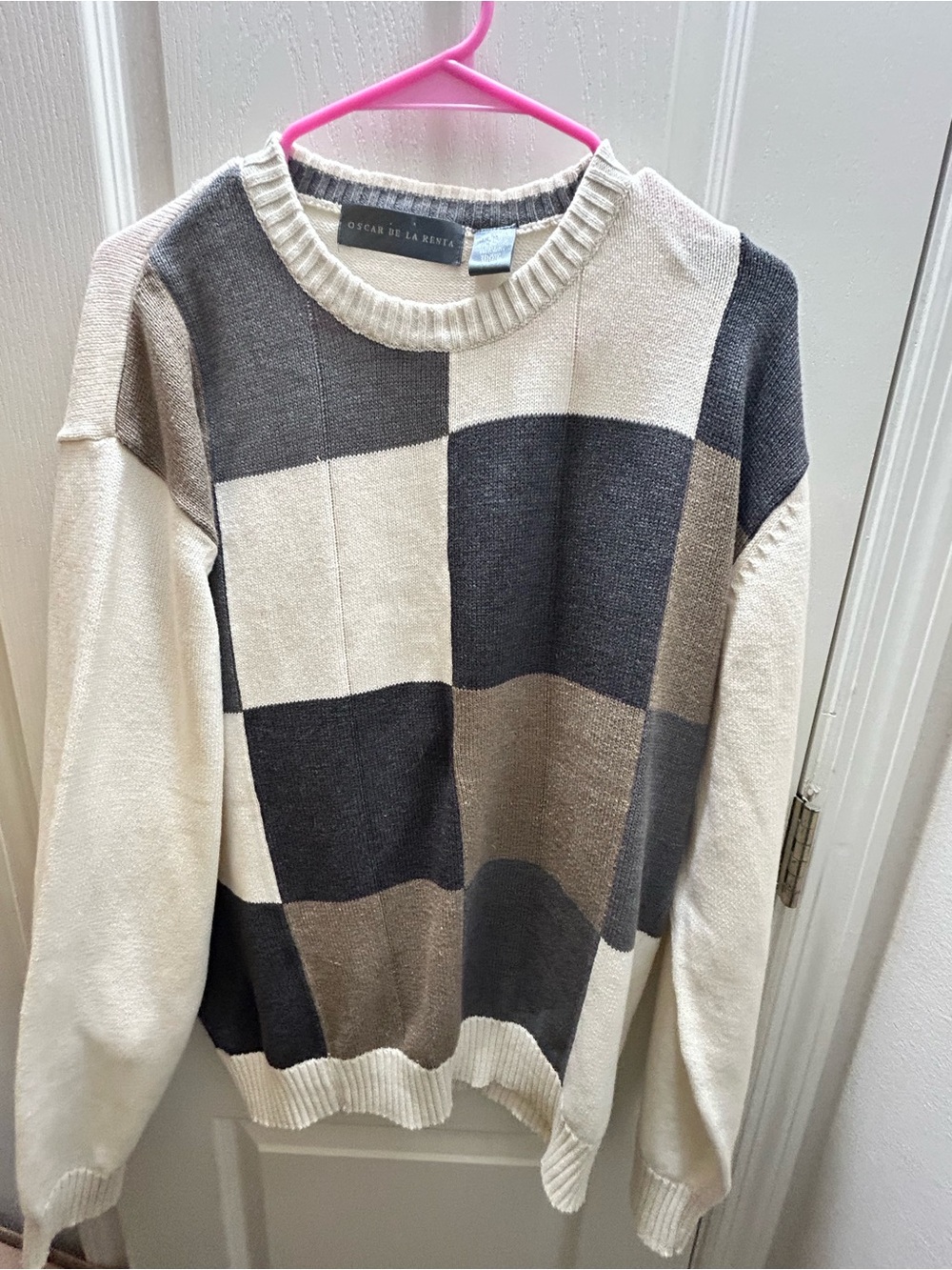 Men’s Oscar de la Renta Neutral Block Check Sweater - Cream & Gray
